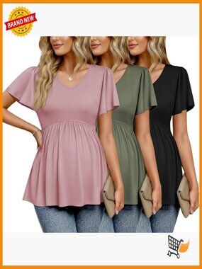 3 Pack Maternity T-Shirts V Neck Short Sleeve Pregnancy Tops S-XXL